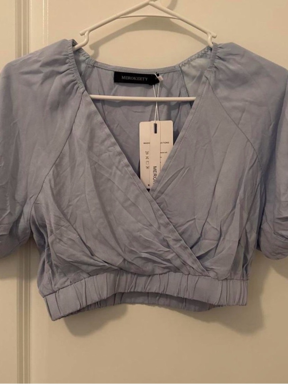 MEROKEETY Light Blue Cropped Wrap Top with Elastic Hem